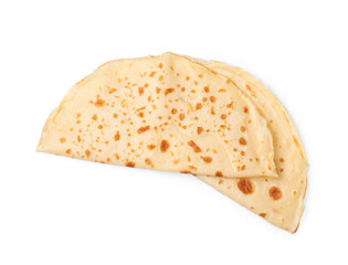 Delicious folded crepes isolated on white, top view