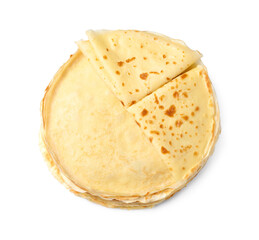 Stack of delicious crepes isolated on white, top view
