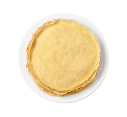 Stack of delicious crepes isolated on white, top view