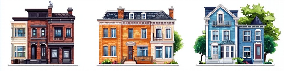 Fototapeta premium A colorful illustration of three distinct Rowhouse style houses. The first house is a brown brick structure with a black roof, the second is an orange brick house with white windows.