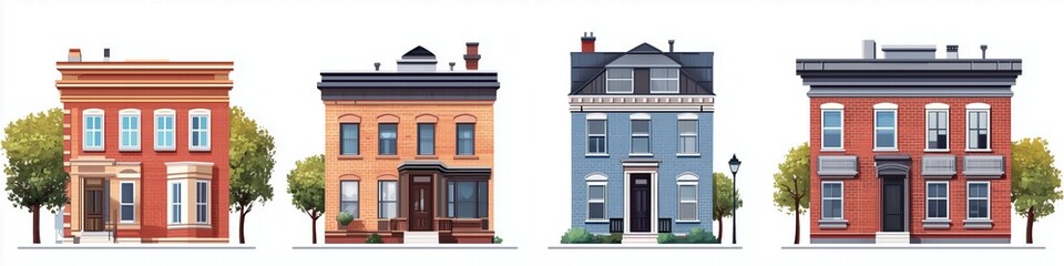 Fototapeta premium A collection of four distinct Rowhouse style houses, each showcasing unique architectural styles and colors. The first house is red with white trim, the second is orange with a black door.