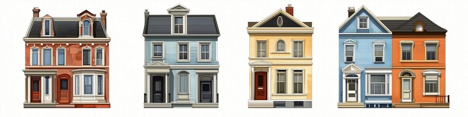 A collection of four distinct Rowhouse style houses showcasing different architectural styles and colors. The first house is red brick, the second is light blue, the third is yellow with white trim.