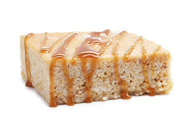 Delicious caramel puffed rice bar isolated on white