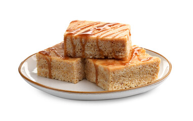 Delicious caramel puffed rice bars isolated on white