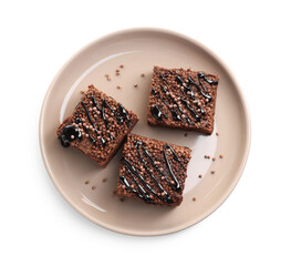Delicious chocolate puffed rice bars isolated on white, top view