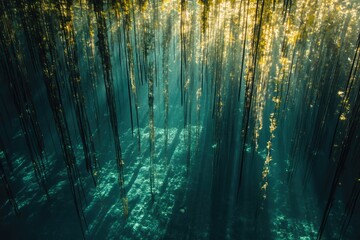 Obraz premium Sunbeams illuminate an underwater kelp forest, creating a mesmerizing scene of vertical lines and shadows.