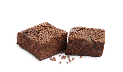 Delicious chocolate puffed rice bars isolated on white