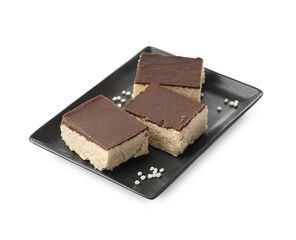 Delicious chocolate puffed rice bars isolated on white