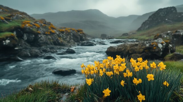 St David's Day daffodil and welsh flag display - national symbols of Wales. Cefnogi Cymru Support Wales. Dydd Gwyl Dewi St David's Day