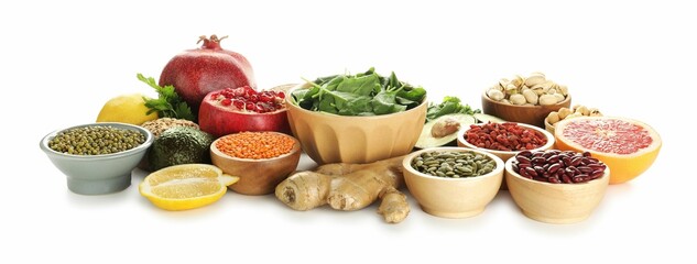 Many different superfood products isolated on white
