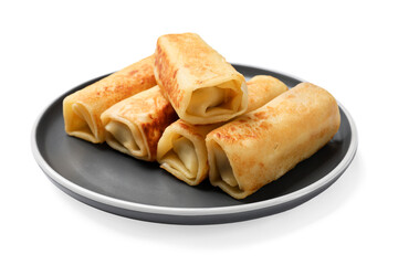 Many delicious rolled crepes isolated on white