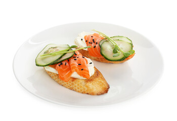 Delicious bruschette with cream cheese, salmon and cucumber isolated on white
