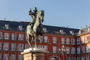 Madrid, Spain. Equestrian statue of Philip III in Plaza Mayor, a major landmark made by Giambologna and Pietro Tacca