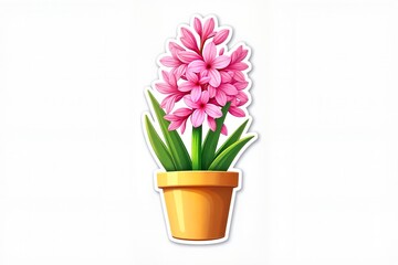 Obraz premium Sticker with Magical pink hyacinth blooming in a tiny golden pot against a white background, whimsical vector illustration concept.