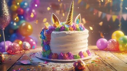 A unicorn-themed birthday cake with a golden horn and colorful buttercream flowers, on a wooden table with party decorations.