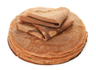 Stack of delicious chocolate crepes isolated on white