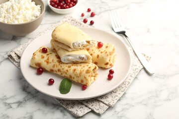 Delicious rolled crepes with cottage cheese, raisins, cranberries and mint on white marble table