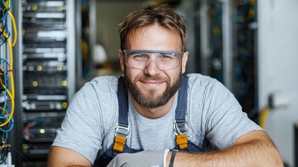 Smiling technician in server room