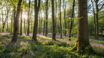 Fototapeta premium A wald with sunlit trunks and undergrowth, forest scenery, scenic view
