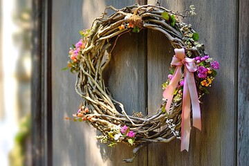 A beautiful floral wreath with a pink ribbon adorning a wooden door, a rustic and charming springtime decoration for any home.