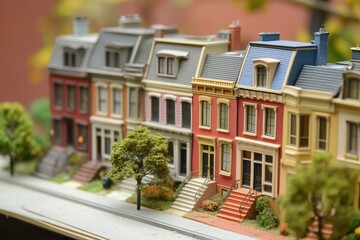 Naklejka premium A detailed model of a row of colorful Rowhouse style townhouses, showcasing intricate architectural features and landscaping. The houses are arranged in a line, with trees and steps.