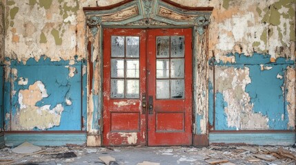 A weathered red door in an old abandoned building with peeling blue paint