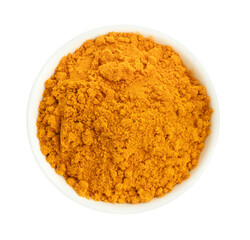 Turmeric powder in bowl isolated on white, top view
