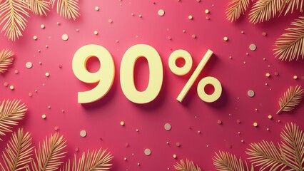 Bright and Festive Display Showcasing a Large Number Indicating a Percentage, Surrounded by Decorative Elements on a Vibrant Pink Background