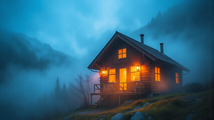 A lit log cabin sits on a hillside shrouded in fog at duskat Dusk