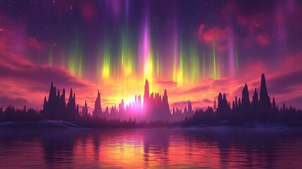 Fototapeta premium Vibrant Aurora Borealis Illuminates Winter Lake and Peaks