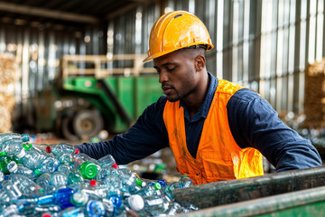 The image shows a person wearing a yellow hard hat and an orange safety vest, handling a pile of plastic bottles in what appears to be a recycling facility
