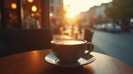 Obraz premium Coffee Cup on Wooden Table With Sunset in the Background in a Bustling Street Setting