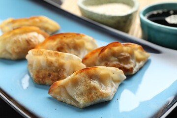 Fried gyoza dumplings and soy sauce on table, closeup