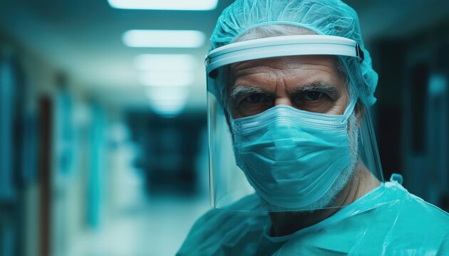 Healthcare Professional In Ppe Treating Patients During Covid-19 Pandemic In Hospital Setting. Physician Providing Care To Elderly Man.