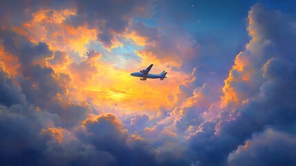 Naklejka premium Peaceful journey of an airplane through vibrant and luminous evening clouds