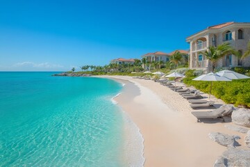 Obraz premium Pristine white sand beach meeting vibrant turquoise ocean at luxury resort