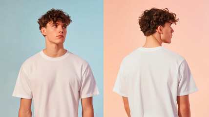 Mockup of a Plain White Men's T-Shirt with Front and Back Views on a Colored Background"