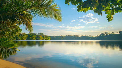 Calm coastal lagoon with shimmering waters and golden sandy shores, framed by tropical foliage and a peaceful morning sky. Shimmering Shores. Illustration