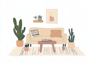 Obraz premium Chic living room setup featuring a beige sofa wooden stool cacti plants books decor
