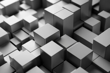 Obraz premium A complex arrangement of abstract 3D cubes showcases intricate patterns in various monochromatic shades. The futuristic design emphasizes depth and modern aesthetics, drawing the viewer in