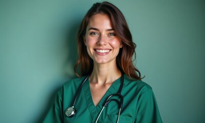 Portrait of a cheerful young nurse in green scrubs with a stethoscope, showcasing professionalism, warmth, and dedication in a modern healthcare environment