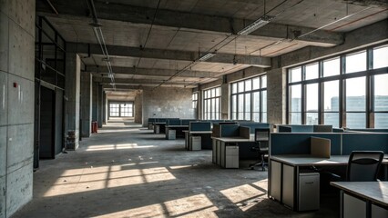 Abandoned office space with dark concrete walls and empty desks, grey decor, eerie atmosphere, office furniture, vacant space