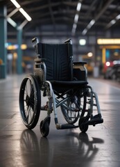 Obraz premium Abandoned wheelchair in dimly lit airport terminal, vacant, wheelchair , lobby