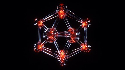Transparent molecular structure glowing against a dark black background showcasing atomic connections
