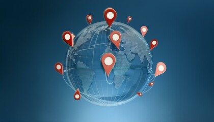 Obraz premium 3D 지구본 위에 떠 있는 위치 핀 아이콘들
