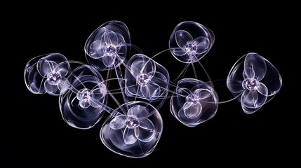 Artistic representation of transparent atomic structures on a black backdrop