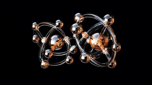 Artistic representation of transparent atomic structures on a black backdrop