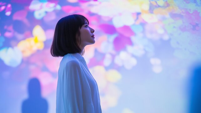 Profile of a woman surrounded by soft, colorful floral patterns with glowing and blurred lights.