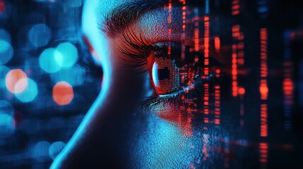 Futuristic eye with digital waveforms and subtle data reflections