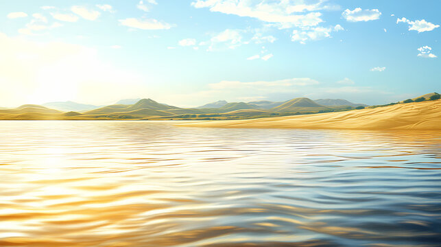 Shimmering surface of a tranquil lagoon, with golden sandy shores and distant hills creating a serene scene. Shimmering Shores. Illustration